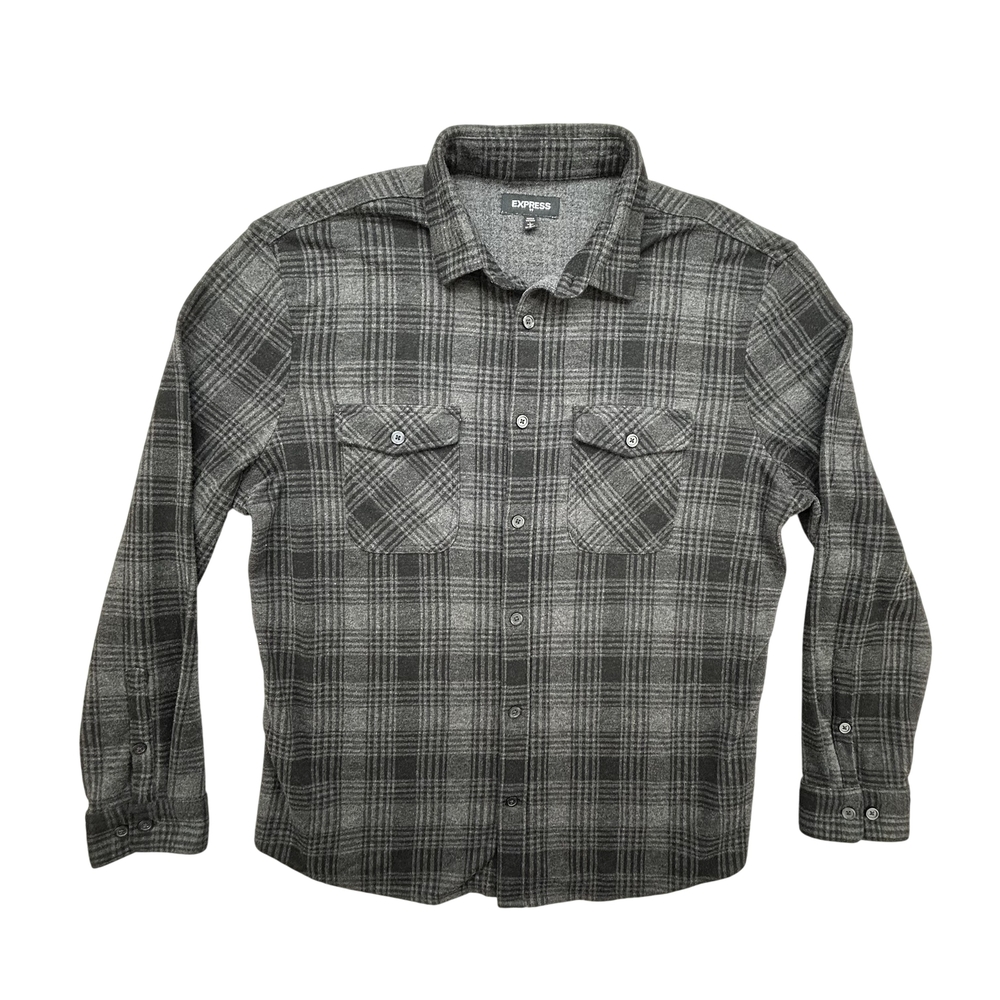Express Shirt Mens Large Plaid Button Up Gray Black Flannel Long Sleeve Pockets